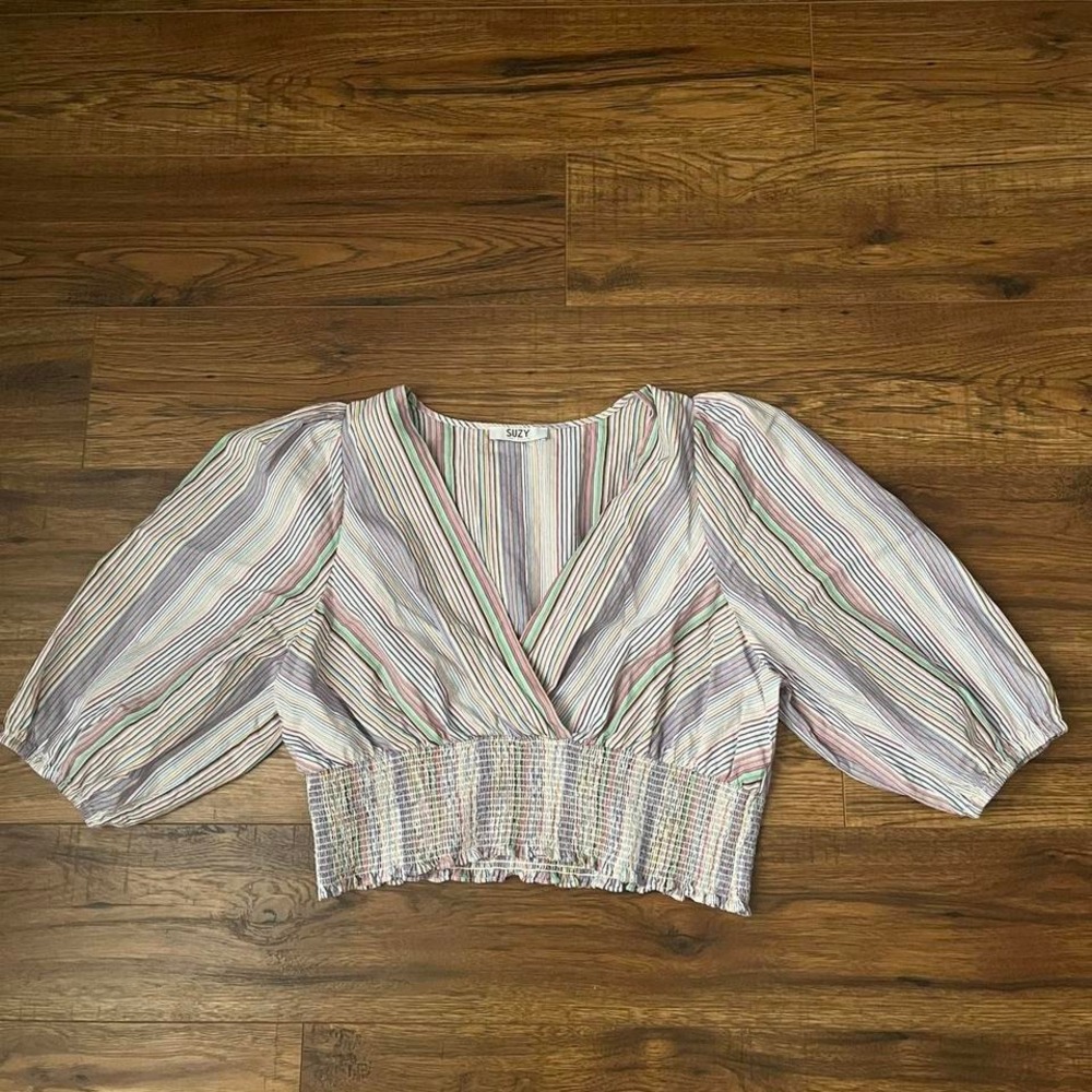 Vintage Y2K Suzy Shier Colourful Striped Pastel Crop Top Puff Sleeves L Fairy